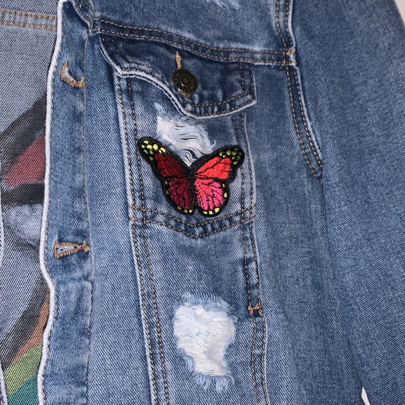Satin doll hand painted wild mushroom rainbow butterfly Jean jacket hippie - Picture 2 of 6